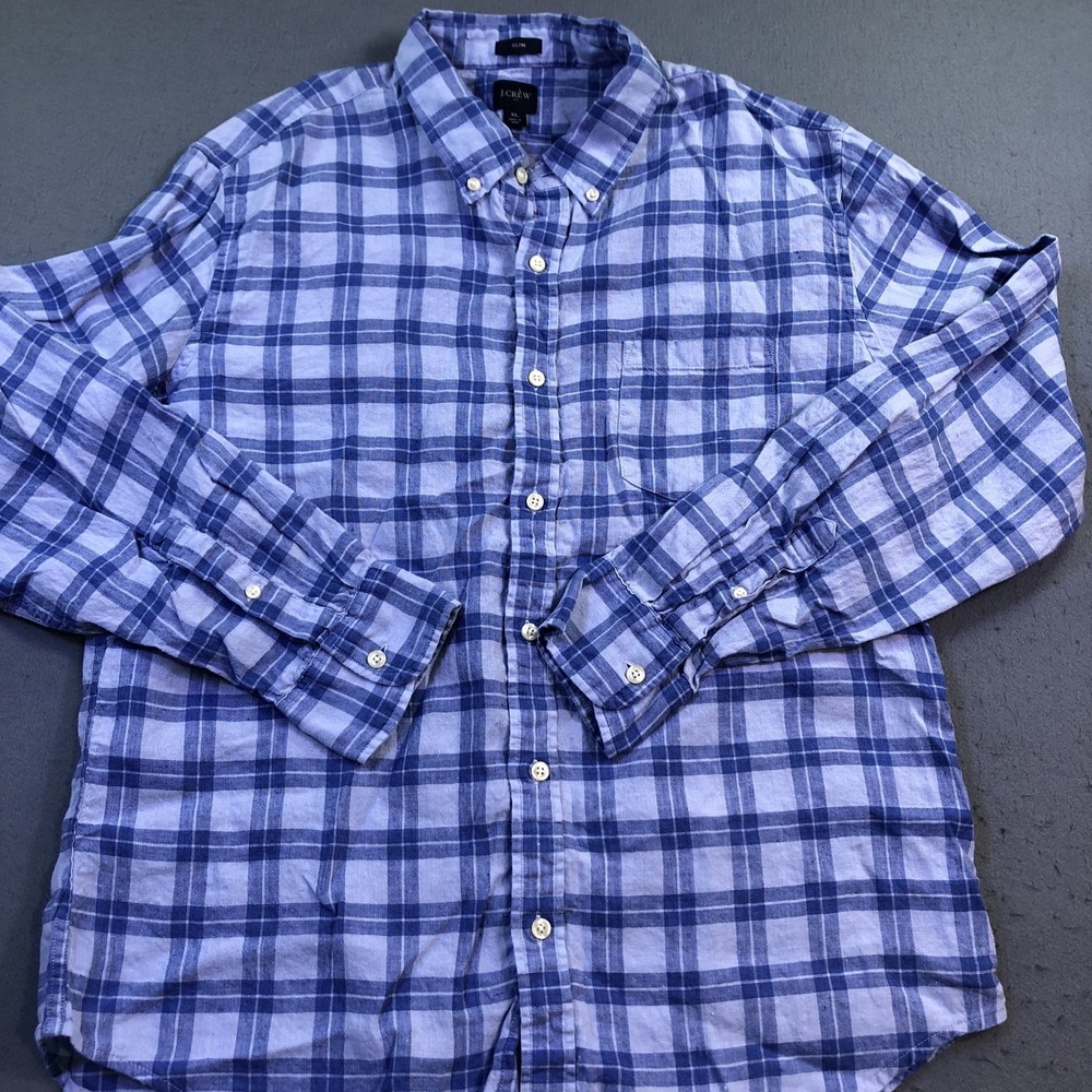 JCrew Shirt Mens XL Blue Plaid Check Button Up Baird McNutt Linen Slim Casual